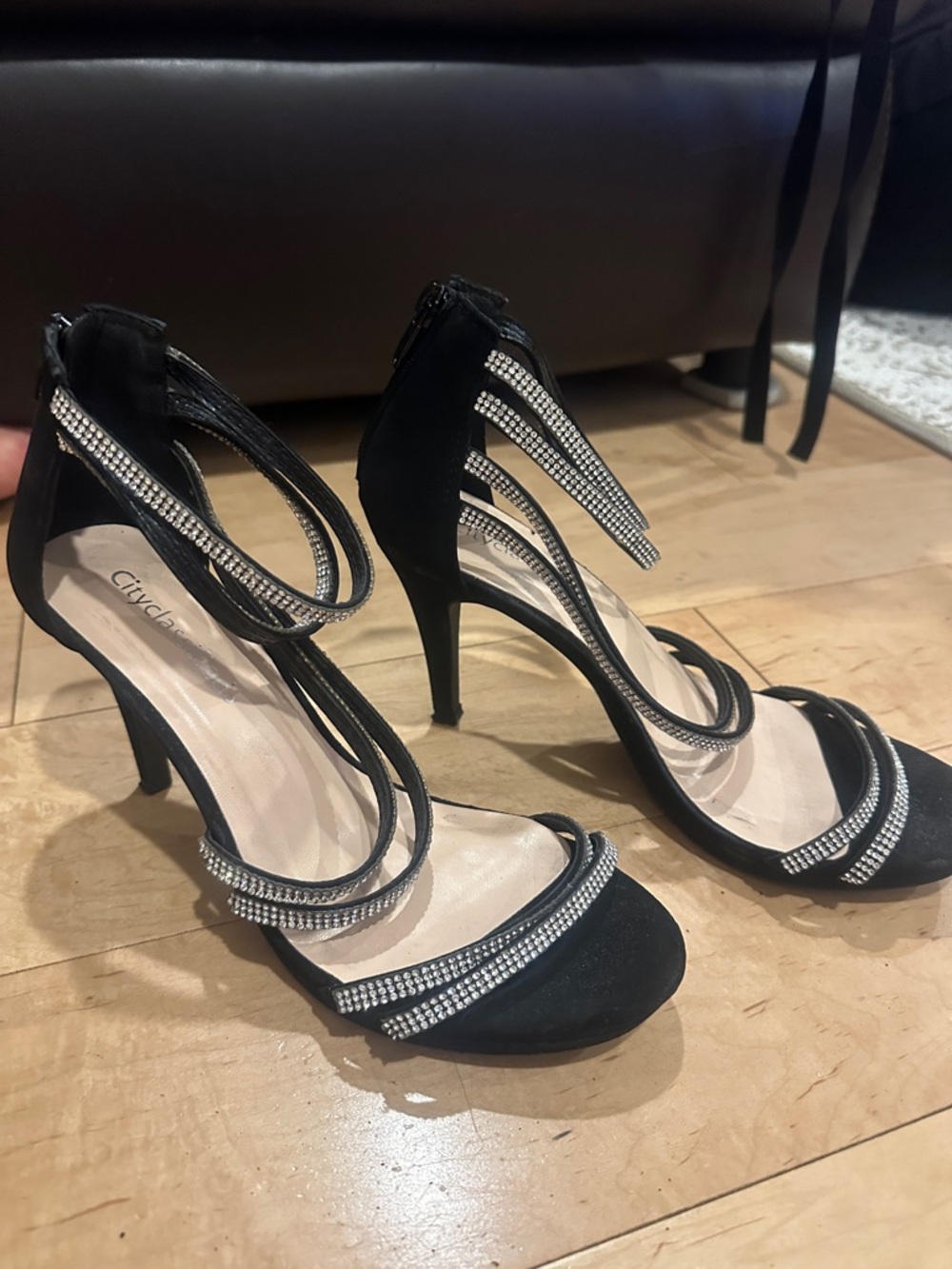 Cityclassified Black Rhinestone-Strap Stiletto Heels